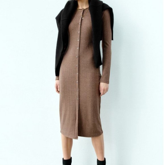 Zara Dresses & Skirts - NWT - ZARA RIBBED DRESS WITH BUTTONS  BROWN - REF. 5039/504 SZ. MEDIUM